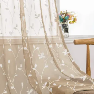 AmHoo 2 Panels Embroidered Leaf Pattern Semi Sheer Curtains Foliage Floral Voile Window Draperies Treatment for Bedroom Living Room Rod Pocket Taupe 53 x 84 Inch