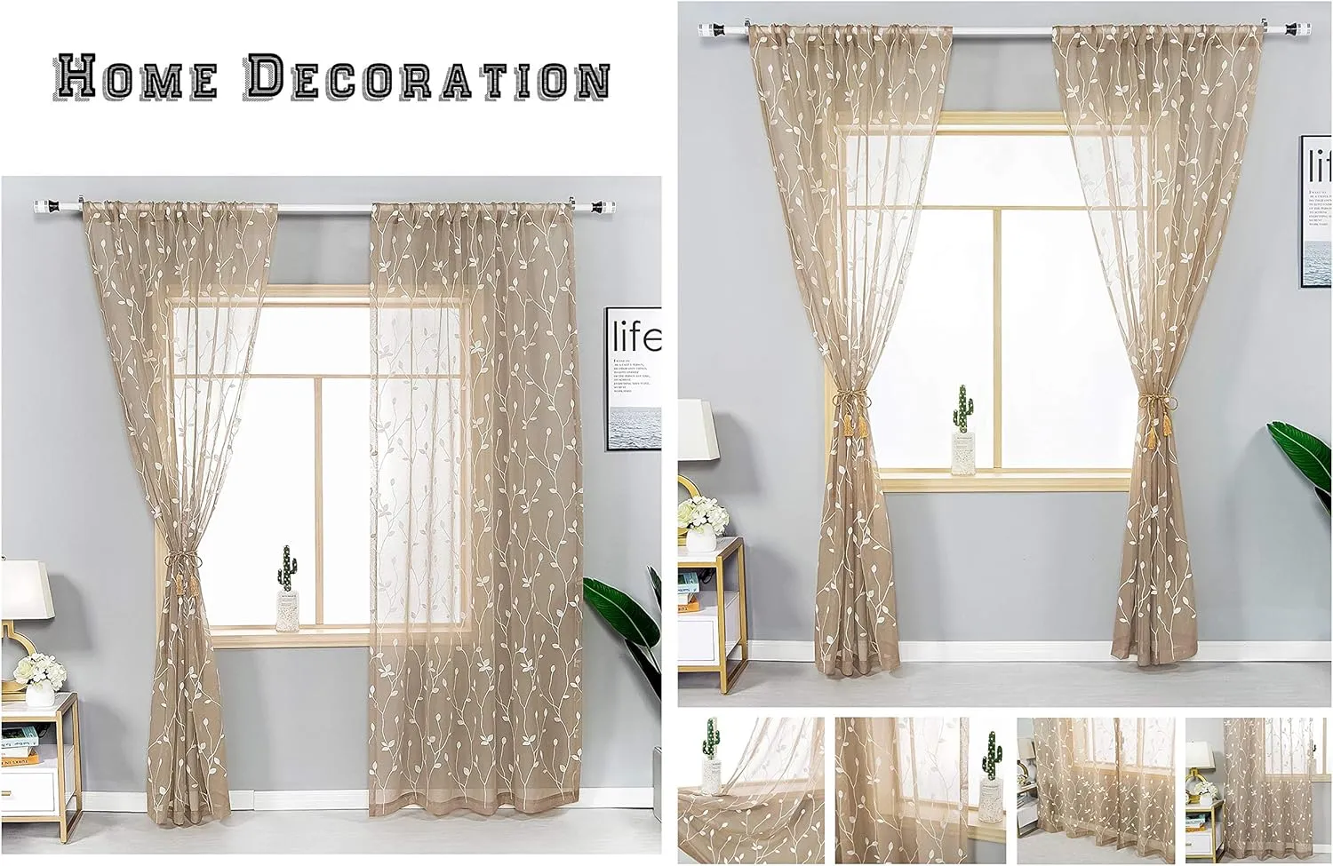 AmHoo 2 Panels Embroidered Leaf Pattern Semi Sheer Curtains Foliage Floral Voile Window Draperies Treatment for Bedroom Living Room Rod Pocket Taupe 53 x 84 Inch