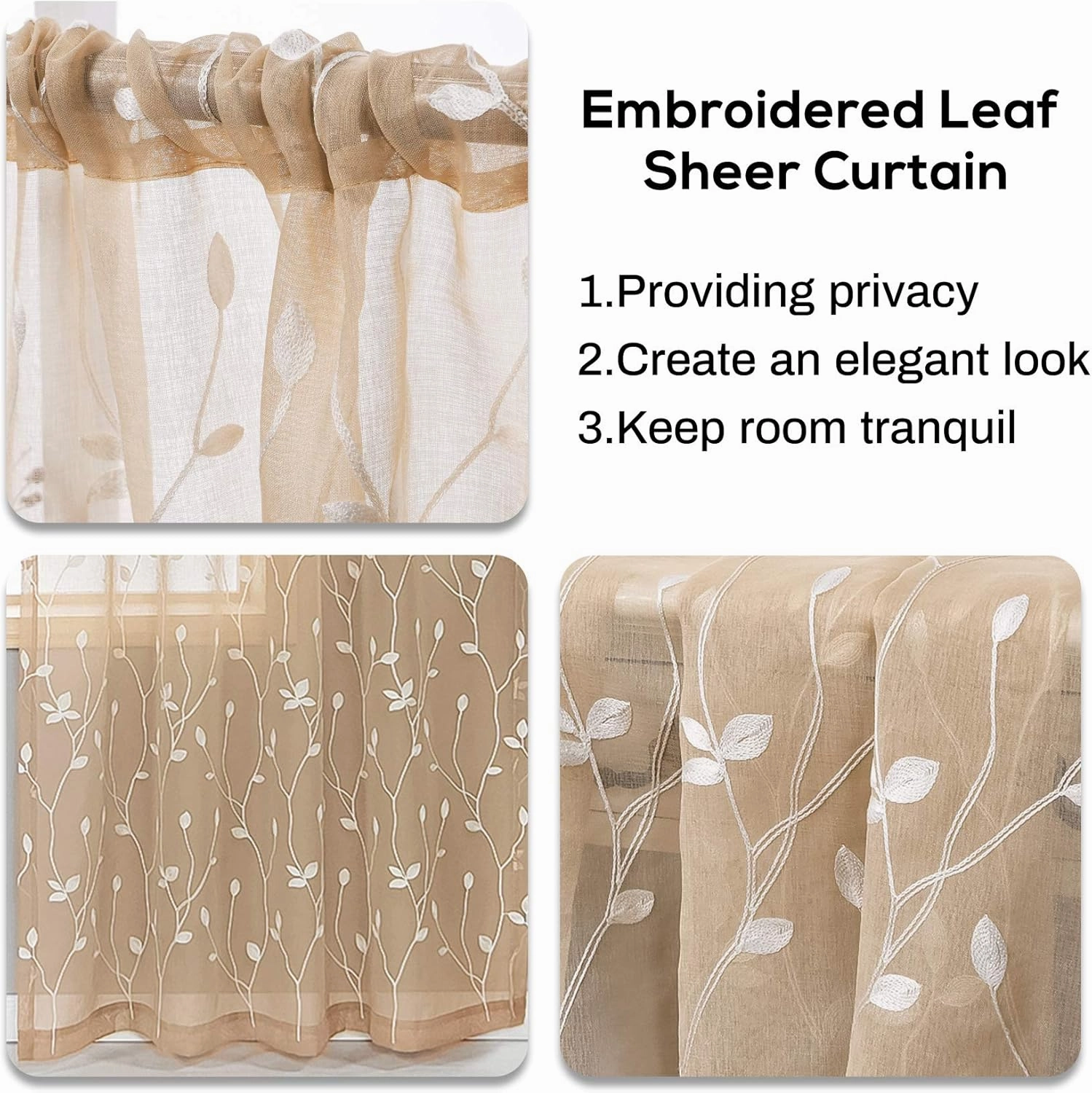AmHoo 2 Panels Embroidered Leaf Pattern Semi Sheer Curtains Foliage Floral Voile Window Draperies Treatment for Bedroom Living Room Rod Pocket Beige 53 x 84 Inch