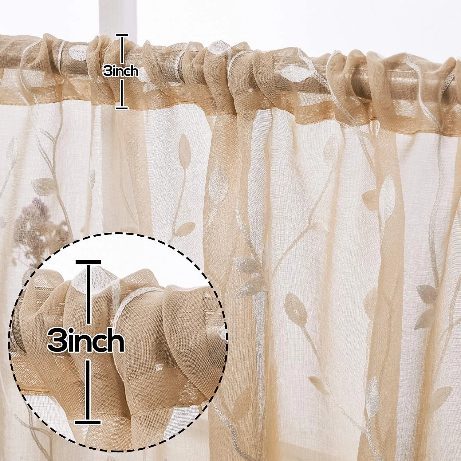 AmHoo 2 Panels Embroidered Leaf Pattern Semi Sheer Curtains Foliage Floral Voile Window Draperies Treatment for Bedroom Living Room Rod Pocket Beige 53 x 84 Inch
