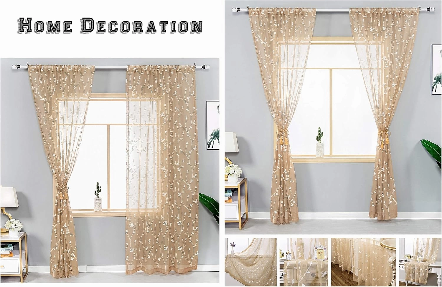 AmHoo 2 Panels Embroidered Leaf Pattern Semi Sheer Curtains Foliage Floral Voile Window Draperies Treatment for Bedroom Living Room Rod Pocket Beige 53 x 84 Inch