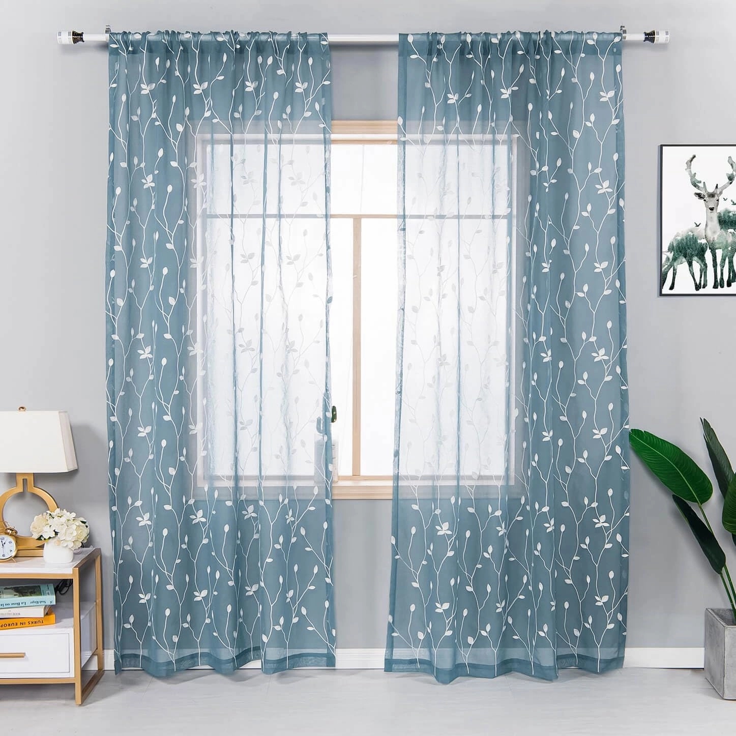 AmHoo 2 Panels Embroidered Leaf Pattern Semi Sheer Curtains Foliage Floral Voile Window Draperies Treatment for Bedroom Living Room Rod Pocket Light Blue 53 x 63 Inch