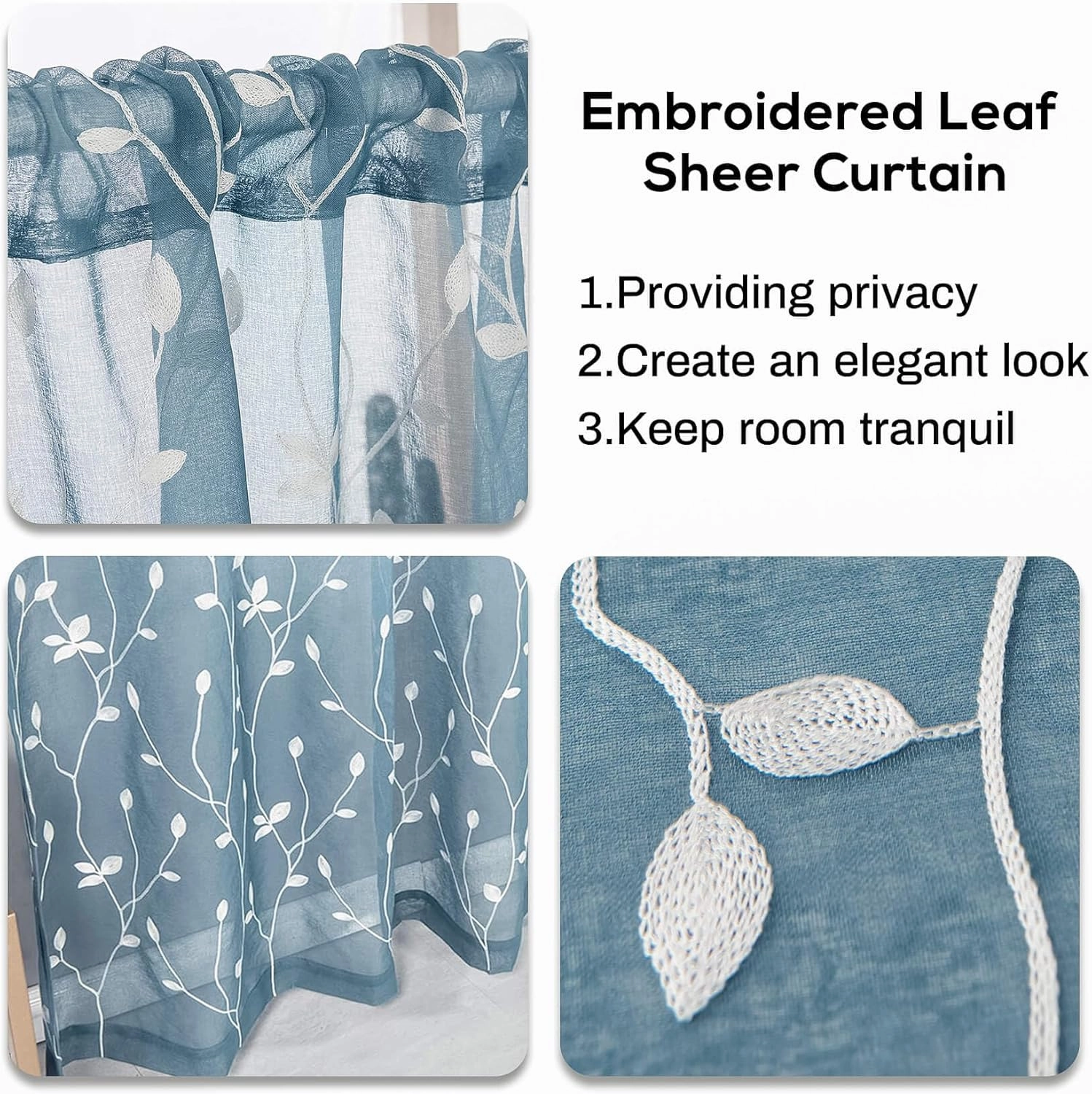AmHoo 2 Panels Embroidered Leaf Pattern Semi Sheer Curtains Foliage Floral Voile Window Draperies Treatment for Bedroom Living Room Rod Pocket Light Blue 53 x 63 Inch