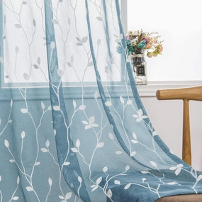 AmHoo 2 Panels Embroidered Leaf Pattern Semi Sheer Curtains Foliage Floral Voile Window Draperies Treatment for Bedroom Living Room Rod Pocket Light Blue 53 x 63 Inch