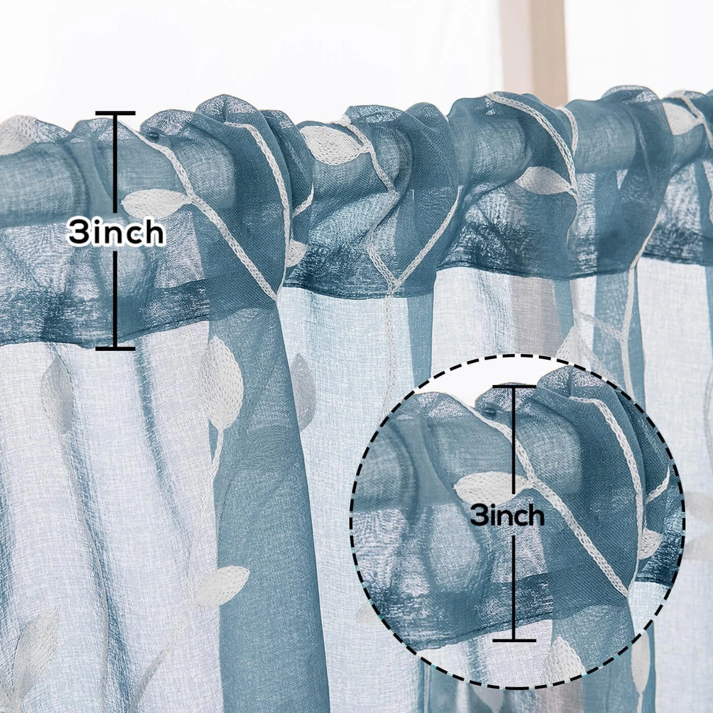 AmHoo 2 Panels Embroidered Leaf Pattern Semi Sheer Curtains Foliage Floral Voile Window Draperies Treatment for Bedroom Living Room Rod Pocket Light Blue 53 x 63 Inch