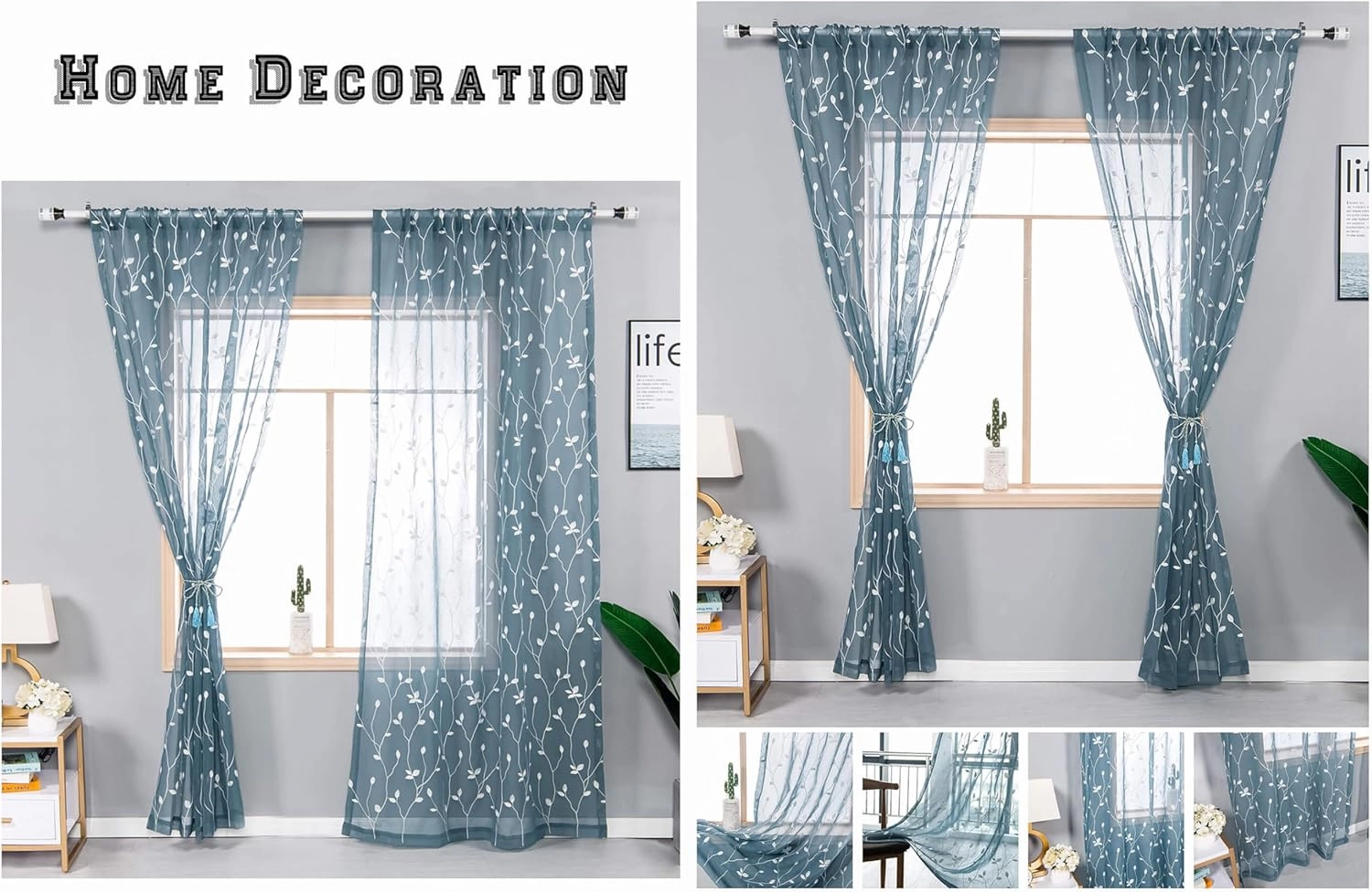 AmHoo 2 Panels Embroidered Leaf Pattern Semi Sheer Curtains Foliage Floral Voile Window Draperies Treatment for Bedroom Living Room Rod Pocket Light Blue 53 x 63 Inch