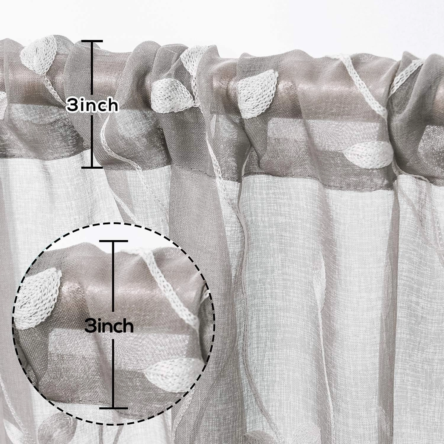 AmHoo 2 Panels Embroidered Leaf Pattern Semi Sheer Curtains Foliage Floral Voile Window Draperies Treatment for Bedroom Living Room Rod Pocket Light Gray 53 x 84 Inch