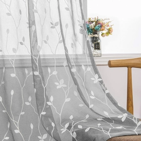 AmHoo 2 Panels Embroidered Leaf Pattern Semi Sheer Curtains Foliage Floral Voile Window Draperies Treatment for Bedroom Living Room Rod Pocket Light Gray 53 x 84 Inch