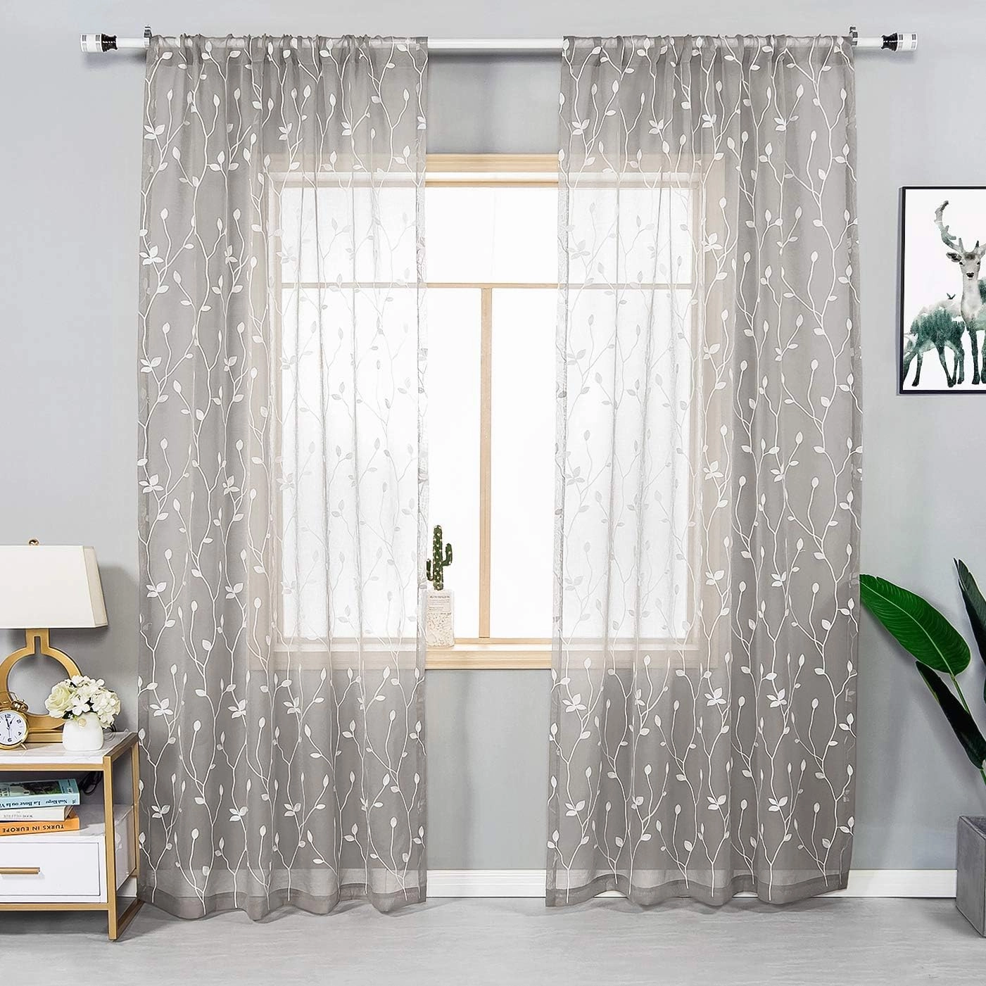 AmHoo 2 Panels Embroidered Leaf Pattern Semi Sheer Curtains Foliage Floral Voile Window Draperies Treatment for Bedroom Living Room Rod Pocket Light Gray 53 x 84 Inch