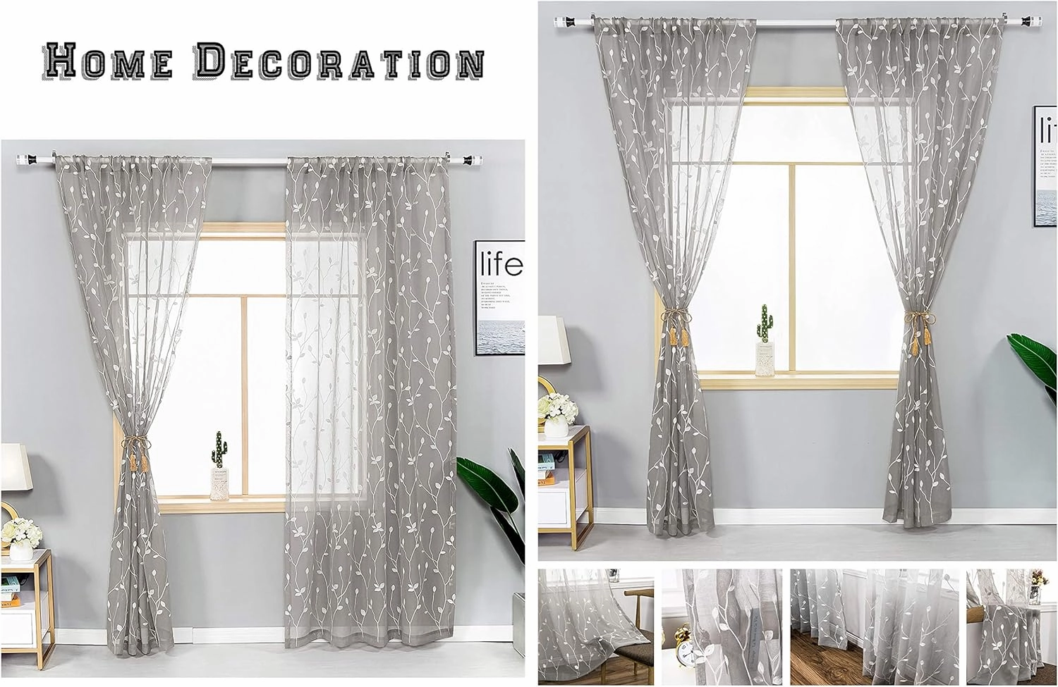AmHoo 2 Panels Embroidered Leaf Pattern Semi Sheer Curtains Foliage Floral Voile Window Draperies Treatment for Bedroom Living Room Rod Pocket Light Gray 53 x 84 Inch