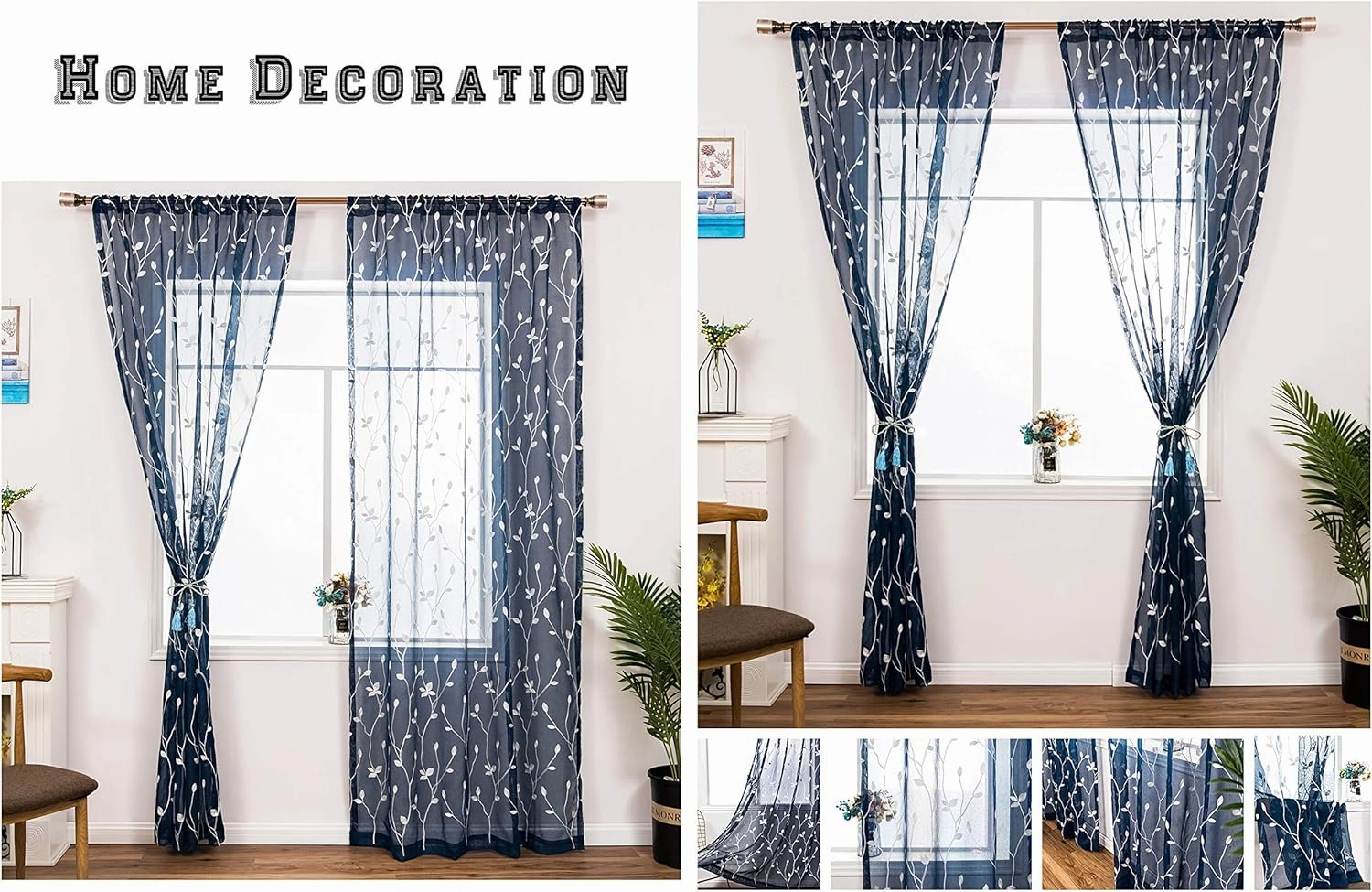 AmHoo 2 Panels Embroidered Leaf Pattern Semi Sheer Curtains Foliage Floral Voile Window Draperies Treatment for Bedroom Living Room Rod Pocket Navy Blue 53 x 84 Inch