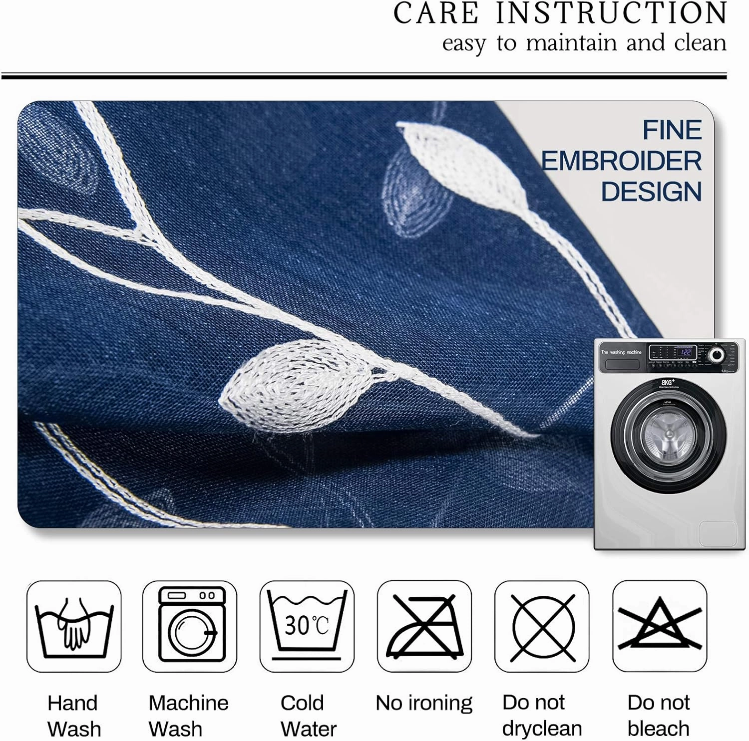 AmHoo 2 Panels Embroidered Leaf Pattern Semi Sheer Curtains Foliage Floral Voile Window Draperies Treatment for Bedroom Living Room Rod Pocket Navy Blue 53 x 84 Inch