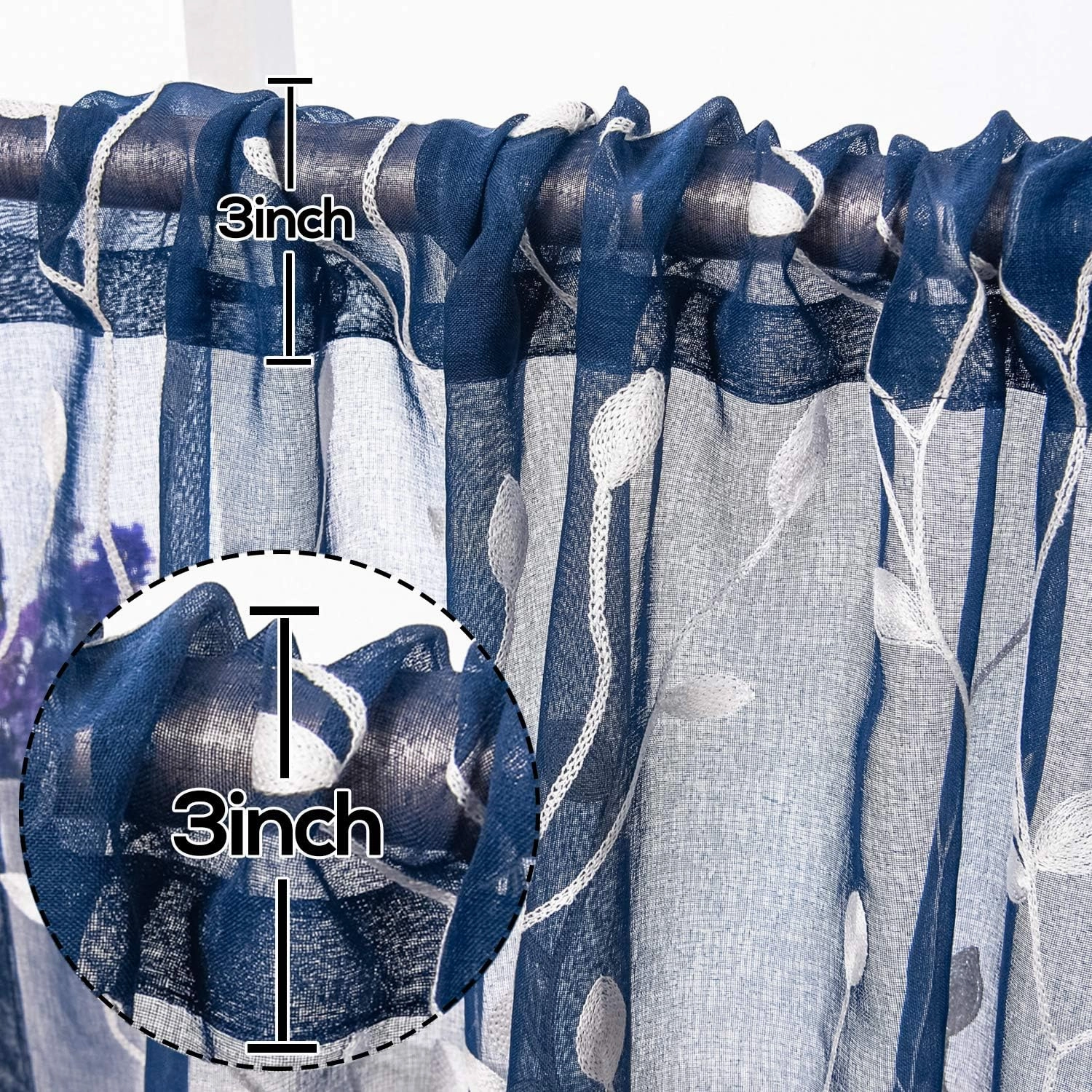 AmHoo 2 Panels Embroidered Leaf Pattern Semi Sheer Curtains Foliage Floral Voile Window Draperies Treatment for Bedroom Living Room Rod Pocket Navy Blue 53 x 84 Inch