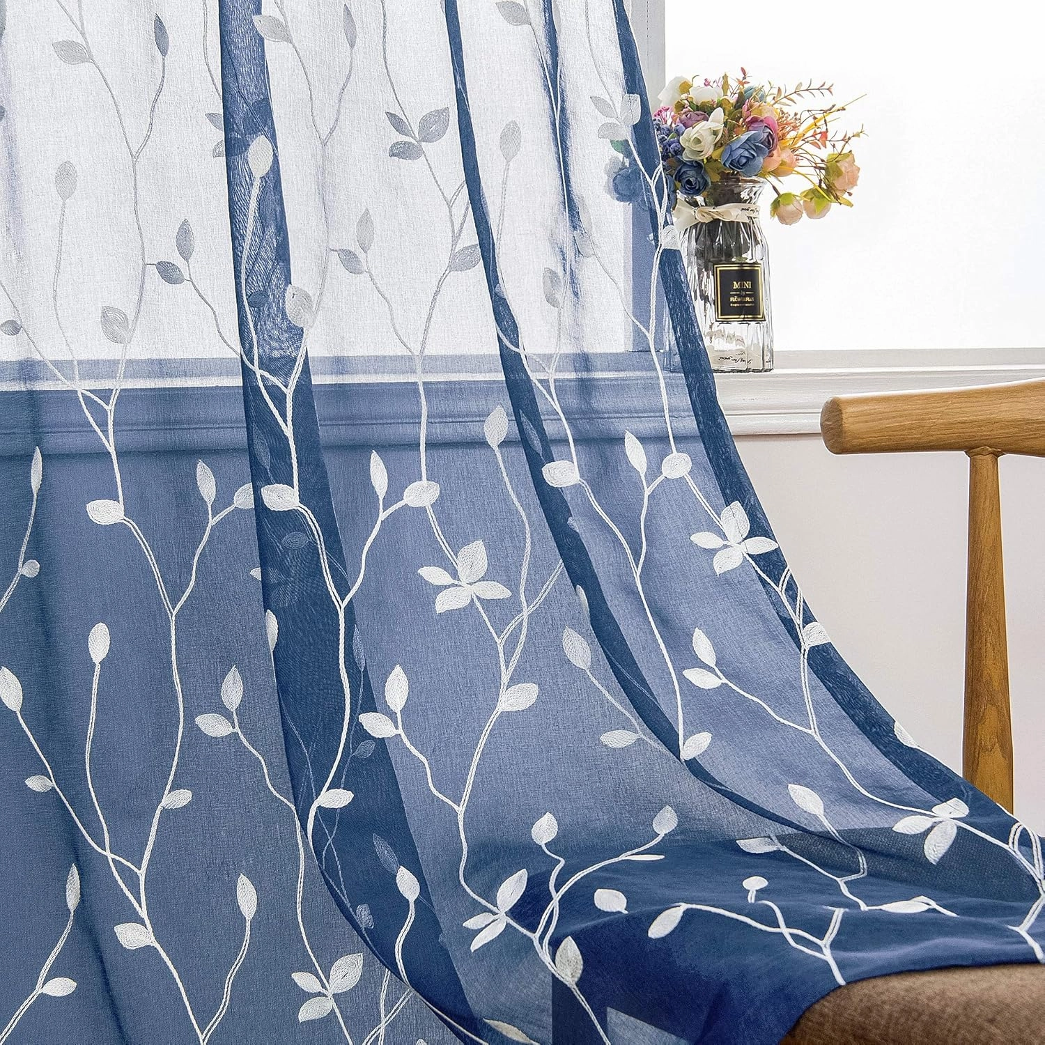 AmHoo 2 Panels Embroidered Leaf Pattern Semi Sheer Curtains Foliage Floral Voile Window Draperies Treatment for Bedroom Living Room Rod Pocket Navy Blue 53 x 84 Inch