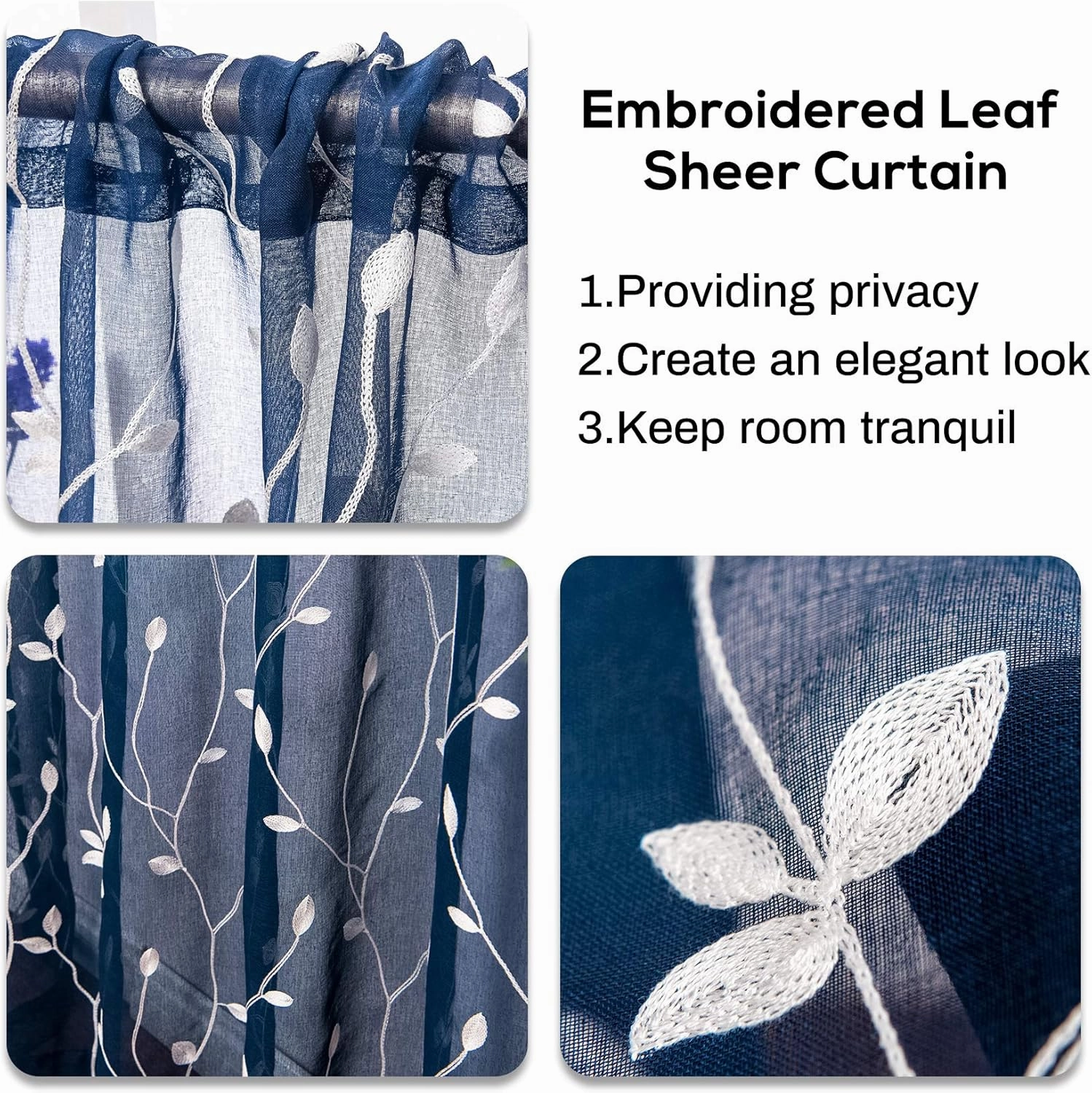 AmHoo 2 Panels Embroidered Leaf Pattern Semi Sheer Curtains Foliage Floral Voile Window Draperies Treatment for Bedroom Living Room Rod Pocket Navy Blue 53 x 84 Inch