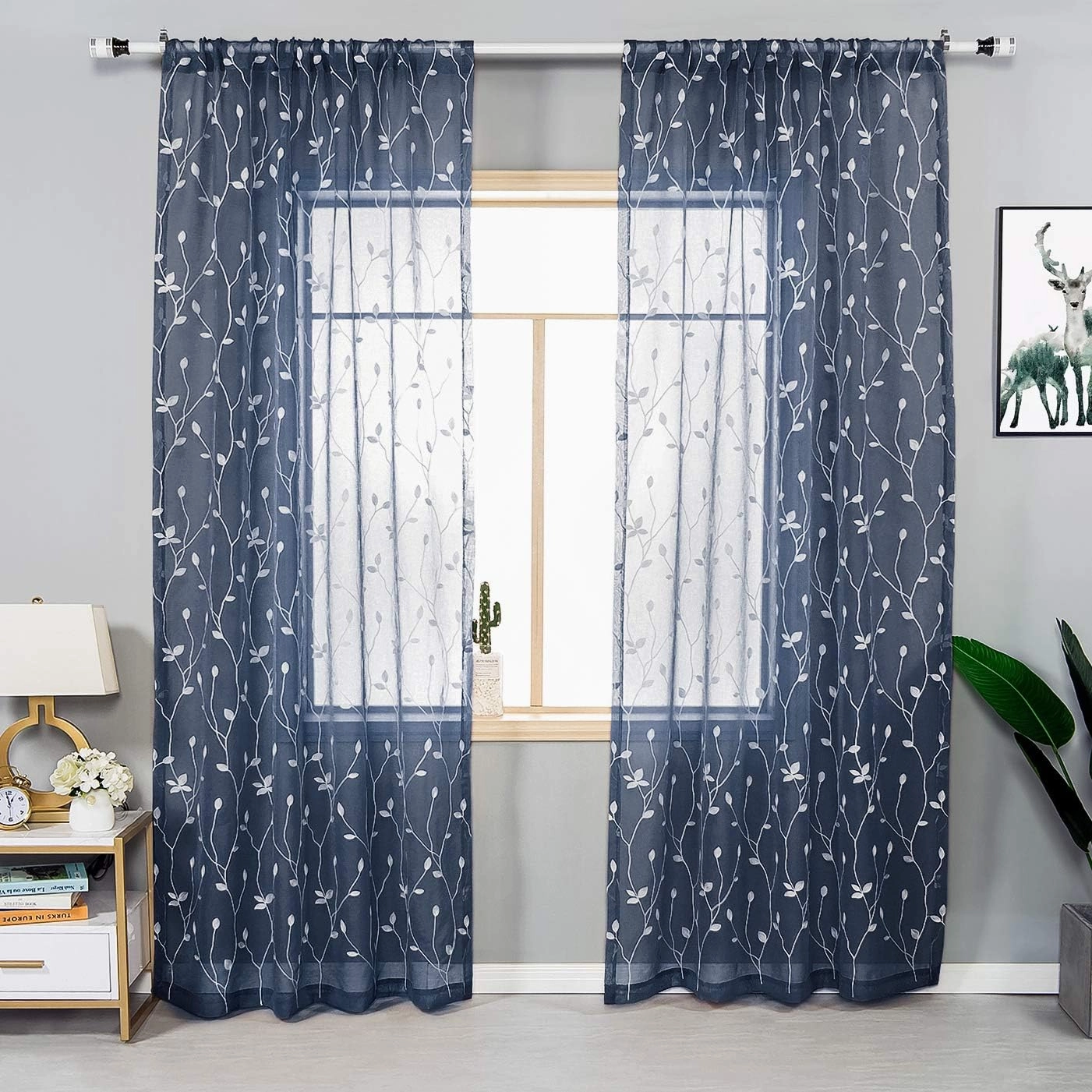 AmHoo 2 Panels Embroidered Leaf Pattern Semi Sheer Curtains Foliage Floral Voile Window Draperies Treatment for Bedroom Living Room Rod Pocket Navy Blue 53 x 84 Inch
