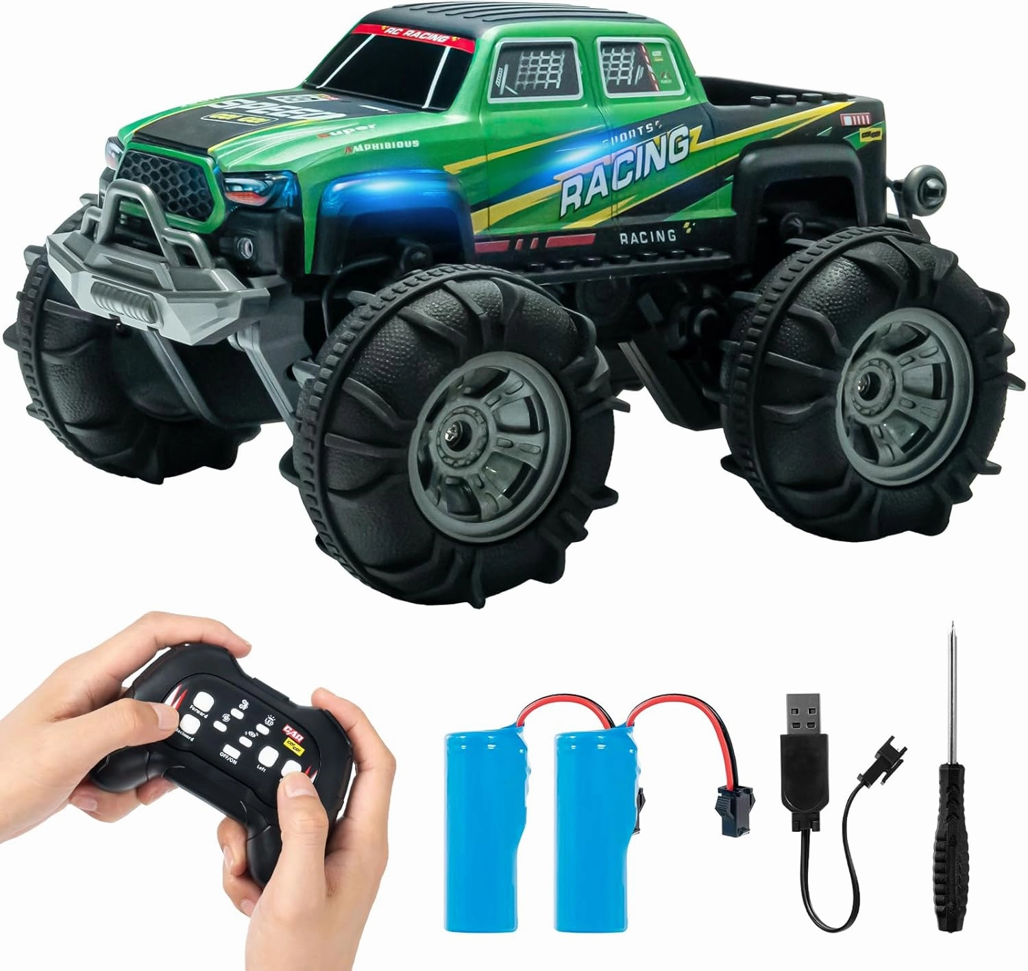 Amphibious Remote and Gesture Control Car Boat, 4WD All Terrain Off-Road Monster Truck, 2.4GHz 360° Rotating Fast RC Car with Colorful Light, Water Beach Pool Pickup Toy Gifts for Boy Adult