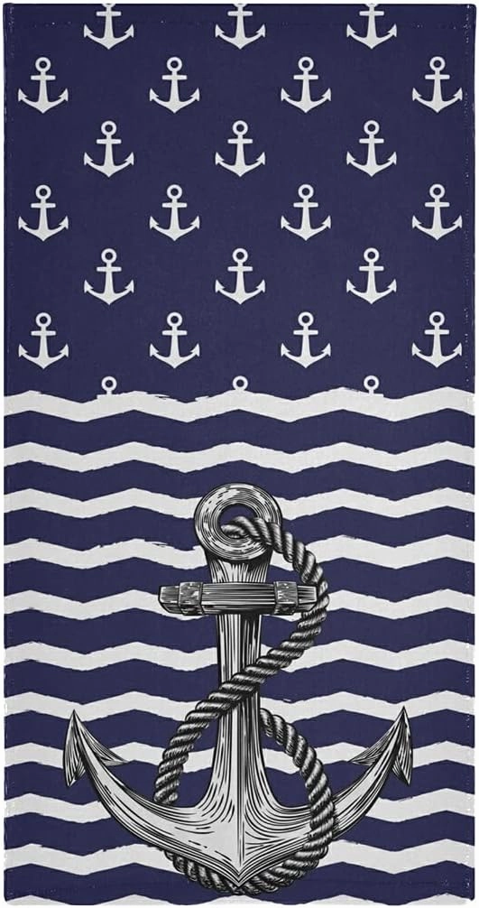 Anchor Bath Hand Towel 2 Pcs Absorbent Nautical White Stripe Hand Towels Sea Anchors Navy Blue Face Towel Soft Breathable Anchor Fingertip Towel for Bathroom Kitchen Hotel Spa Decor Gift 28.3x14.4in