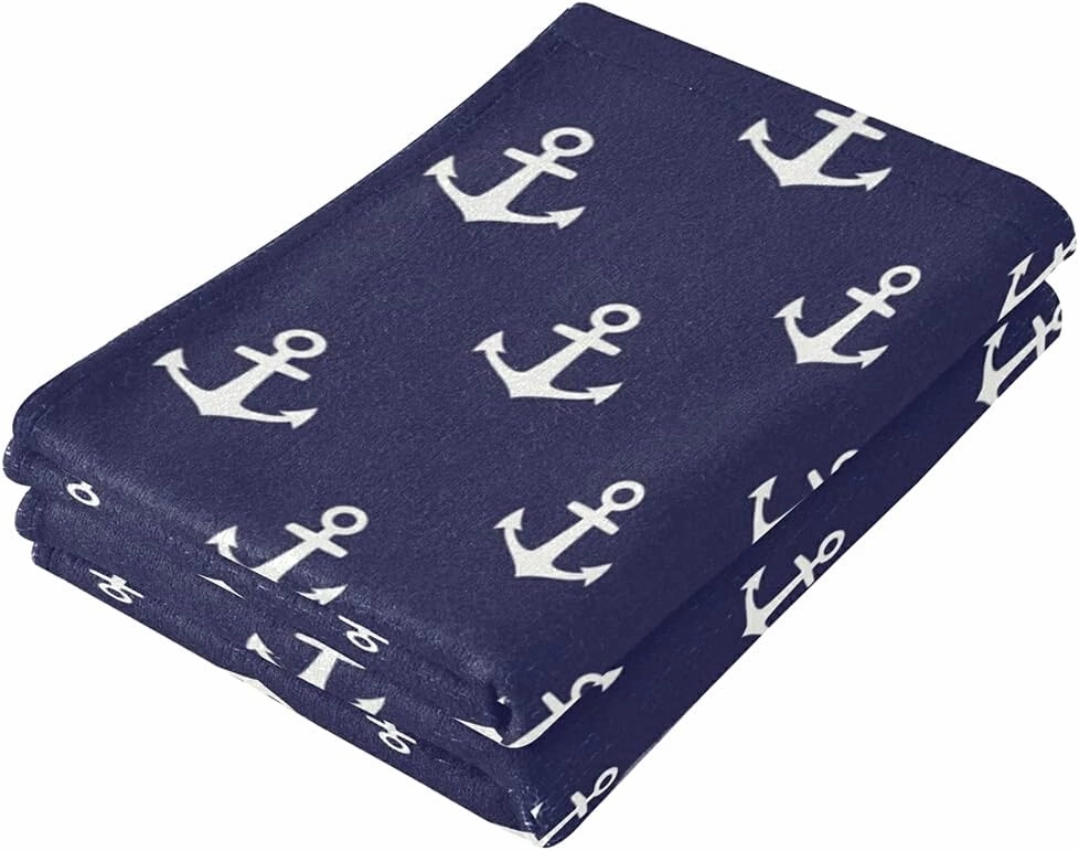 Anchor Bath Hand Towel 2 Pcs Absorbent Nautical White Stripe Hand Towels Sea Anchors Navy Blue Face Towel Soft Breathable Anchor Fingertip Towel for Bathroom Kitchen Hotel Spa Decor Gift 28.3x14.4in