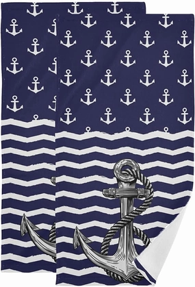 Anchor Bath Hand Towel 2 Pcs Absorbent Nautical White Stripe Hand Towels Sea Anchors Navy Blue Face Towel Soft Breathable Anchor Fingertip Towel for Bathroom Kitchen Hotel Spa Decor Gift 28.3x14.4in