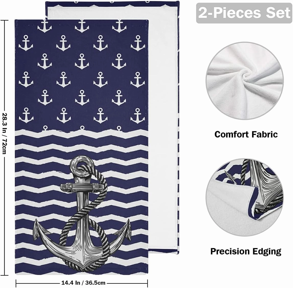 Anchor Bath Hand Towel 2 Pcs Absorbent Nautical White Stripe Hand Towels Sea Anchors Navy Blue Face Towel Soft Breathable Anchor Fingertip Towel for Bathroom Kitchen Hotel Spa Decor Gift 28.3x14.4in