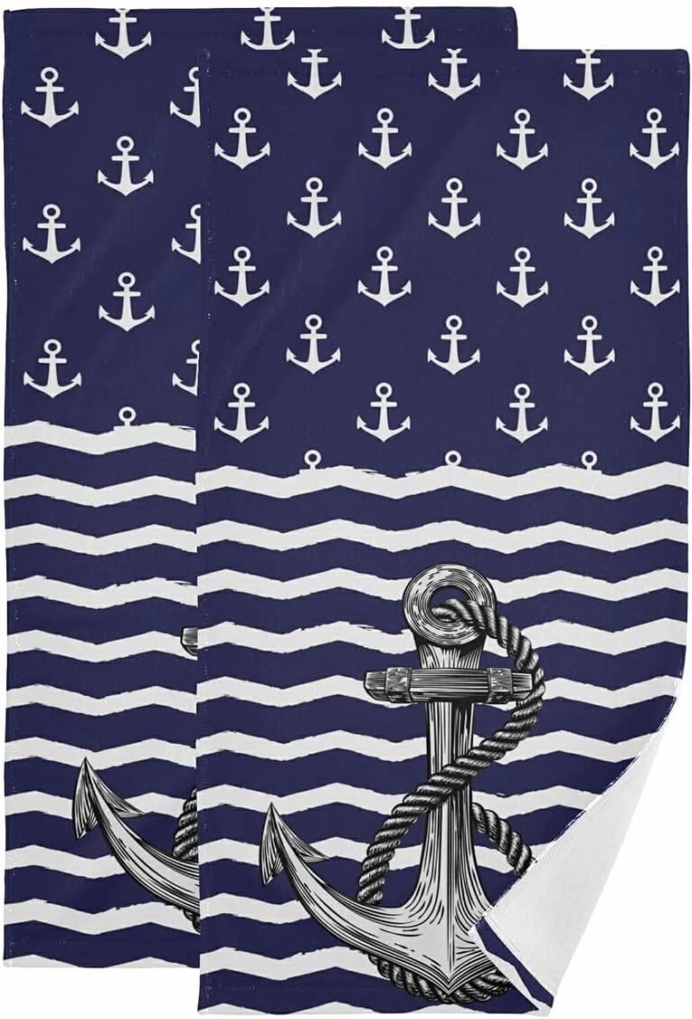 Anchor Bath Hand Towel 2 Pcs Absorbent Nautical White Stripe Hand Towels Sea Anchors Navy Blue Face Towel Soft Breathable Anchor Fingertip Towel for Bathroom Kitchen Hotel Spa Decor Gift 28.3x14.4in
