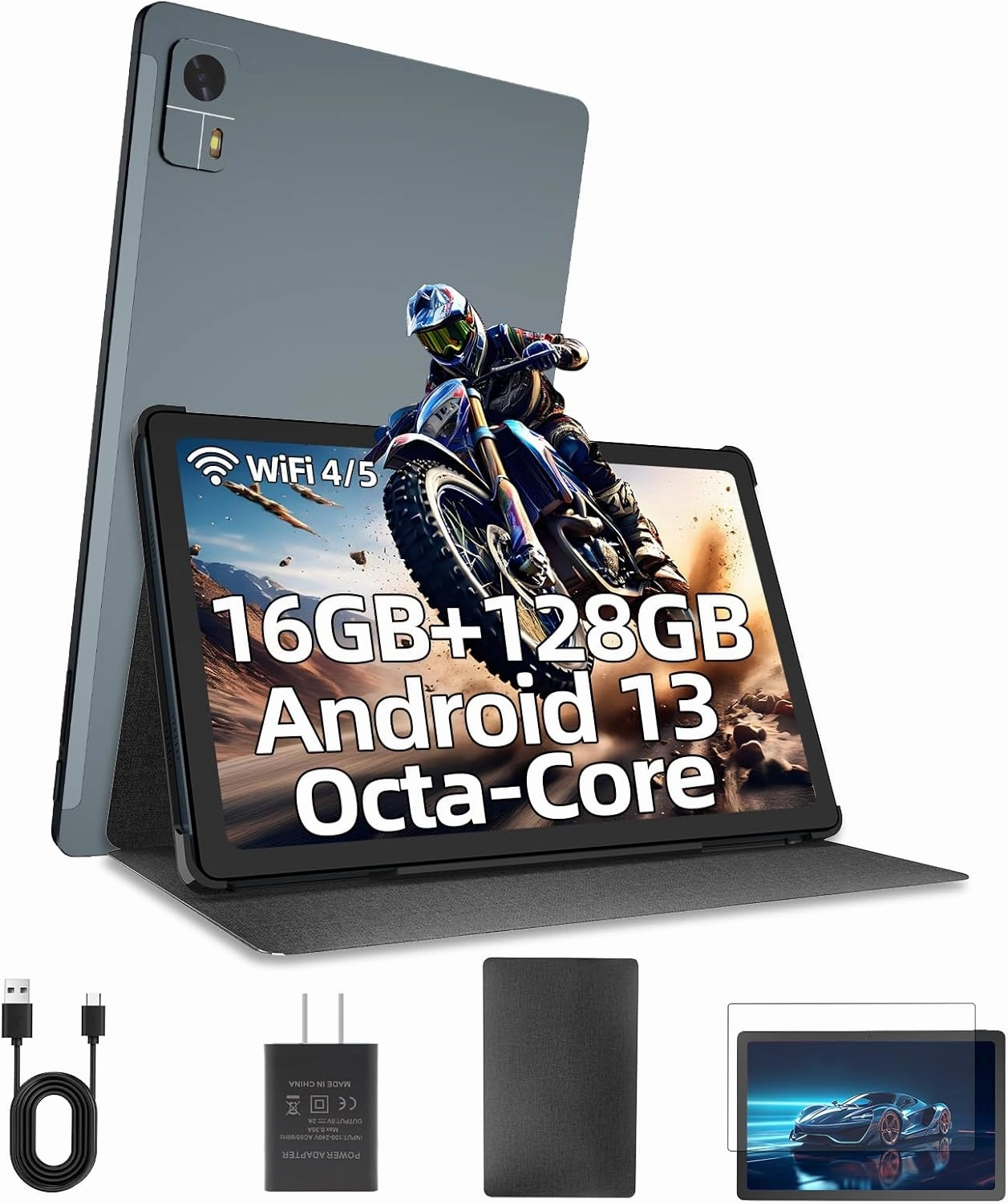 Android 13 Tablet 10.4 inch with Protective Case, 16GB 128GB, 512GB Expand, Octa-core Processor, 2K IPS HD Touchscreen, 5G/2.4G WiFi and Bluetooth, 10000mAh Battery, Dual Camera, 4 Speakers (Gray)