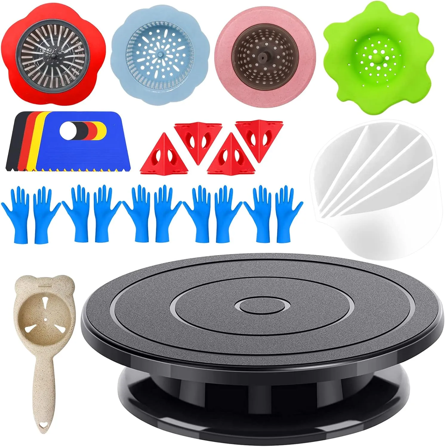 Angela&Alex 11” Rotate Turnable Sculpting Wheel with Acrylic Pouring Strainers Scraper Cone Painter Support Stands Gloves Painting Tools Unique Pattern Train Art Supplies