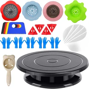 Angela&Alex 11” Rotate Turnable Sculpting Wheel with Acrylic Pouring Strainers Scraper Cone Painter Support Stands Gloves Painting Tools Unique Pattern Train Art Supplies
