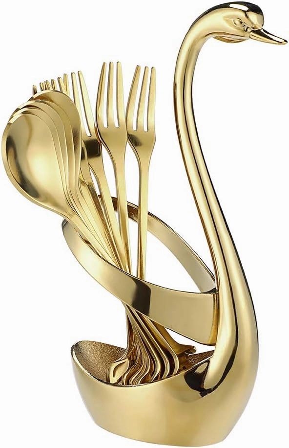 AnSaw Gold Swan Base Holder Set with 10 Pcs 4.7" Mini Leaf Teaspoons & Dessert Forks - Perfect for Appetizers,Salads,Cakes,Fruits,Cocktails,Tea,Espresso - Beautify Your Charcuterie Board Layout