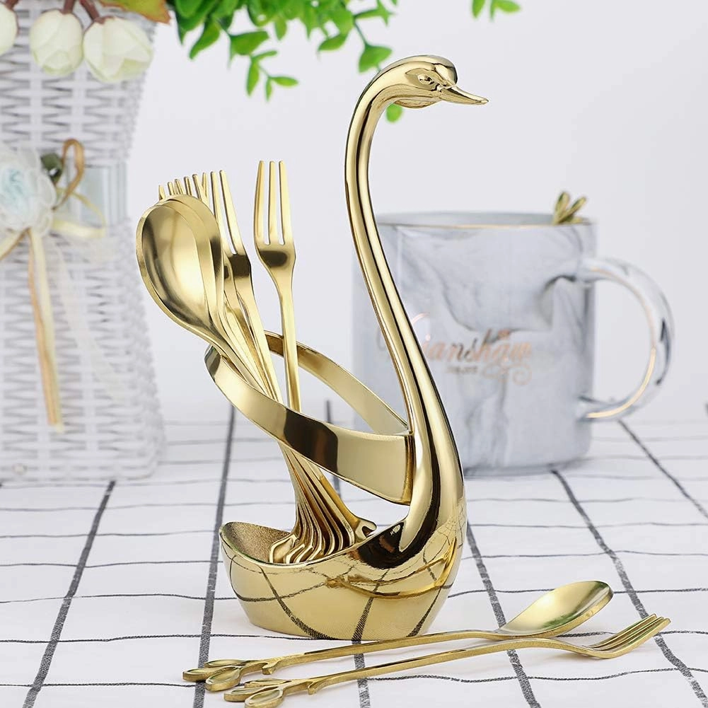 AnSaw Gold Swan Base Holder Set with 10 Pcs 4.7" Mini Leaf Teaspoons & Dessert Forks - Perfect for Appetizers,Salads,Cakes,Fruits,Cocktails,Tea,Espresso - Beautify Your Charcuterie Board Layout