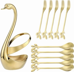 AnSaw Gold Swan Base Holder Set with 10 Pcs 4.7" Mini Leaf Teaspoons & Dessert Forks - Perfect for Appetizers,Salads,Cakes,Fruits,Cocktails,Tea,Espresso - Beautify Your Charcuterie Board Layout