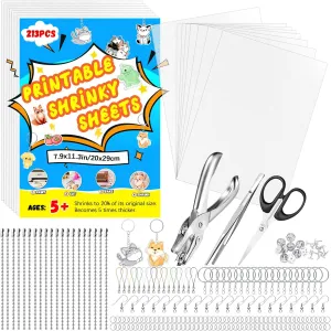 AOBOPLE Printable Shrinky Dink Sheets,213PCS Shrinky Dink Keychain Kit with 20 Printable Shrink Plastic Sheets 193PCS Keychain Accessories for Inkjet Printer Kids DIY Crafts