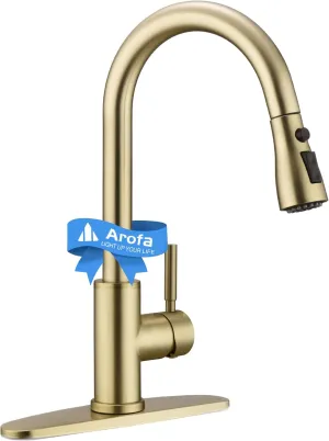 Arofa Brushed Gold Kitchen Faucet with Pull Down Sprayer, Stainless Steel Single Handle Brass Kitchen Faucet, Champagne Bronze Kitchen Sink Faucet with Deck Plate for RV Farmhouse Bar Laundry Sinks