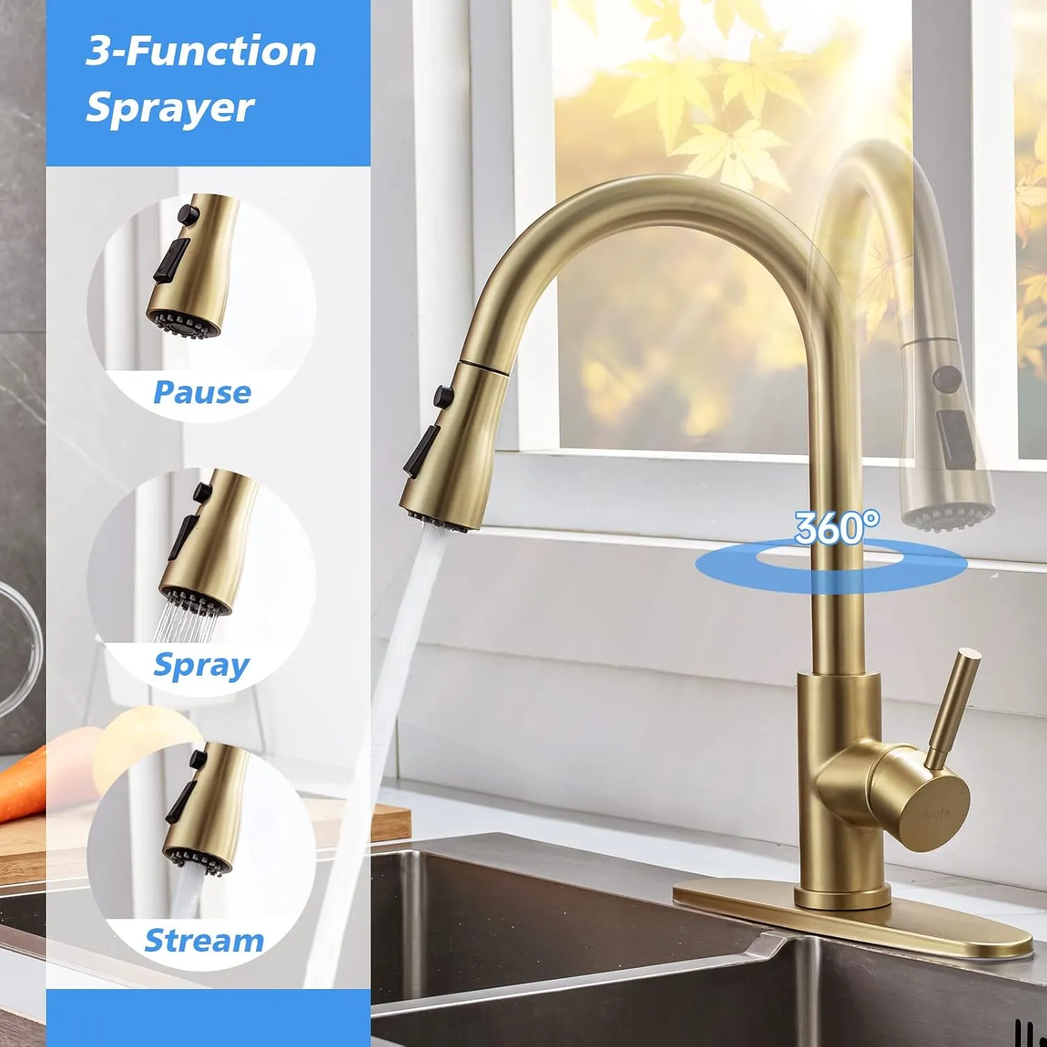 Arofa Brushed Gold Kitchen Faucet with Pull Down Sprayer, Stainless Steel Single Handle Brass Kitchen Faucet, Champagne Bronze Kitchen Sink Faucet with Deck Plate for RV Farmhouse Bar Laundry Sinks