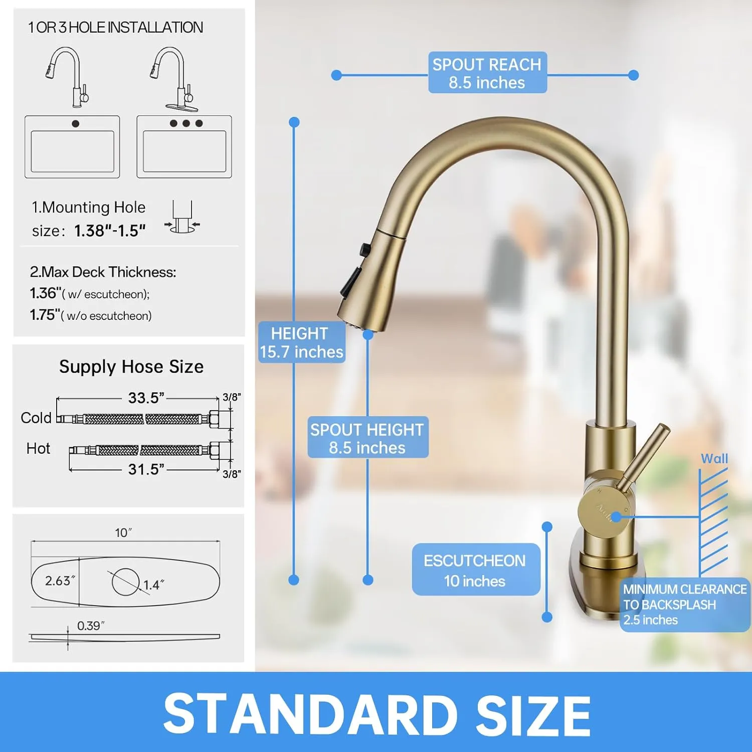Arofa Brushed Gold Kitchen Faucet with Pull Down Sprayer, Stainless Steel Single Handle Brass Kitchen Faucet, Champagne Bronze Kitchen Sink Faucet with Deck Plate for RV Farmhouse Bar Laundry Sinks