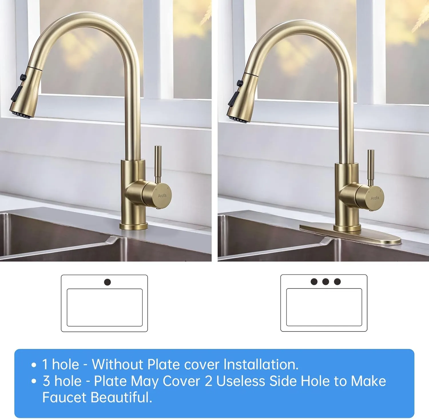 Arofa Brushed Gold Kitchen Faucet with Pull Down Sprayer, Stainless Steel Single Handle Brass Kitchen Faucet, Champagne Bronze Kitchen Sink Faucet with Deck Plate for RV Farmhouse Bar Laundry Sinks