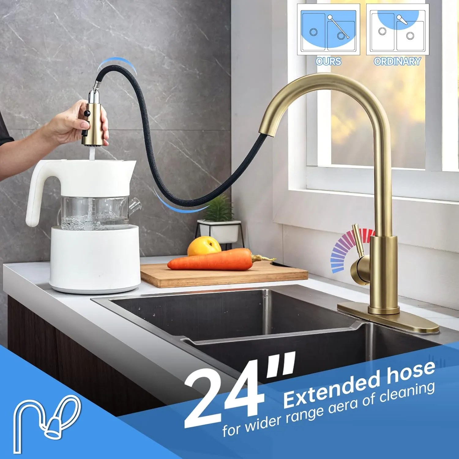 Arofa Brushed Gold Kitchen Faucet with Pull Down Sprayer, Stainless Steel Single Handle Brass Kitchen Faucet, Champagne Bronze Kitchen Sink Faucet with Deck Plate for RV Farmhouse Bar Laundry Sinks