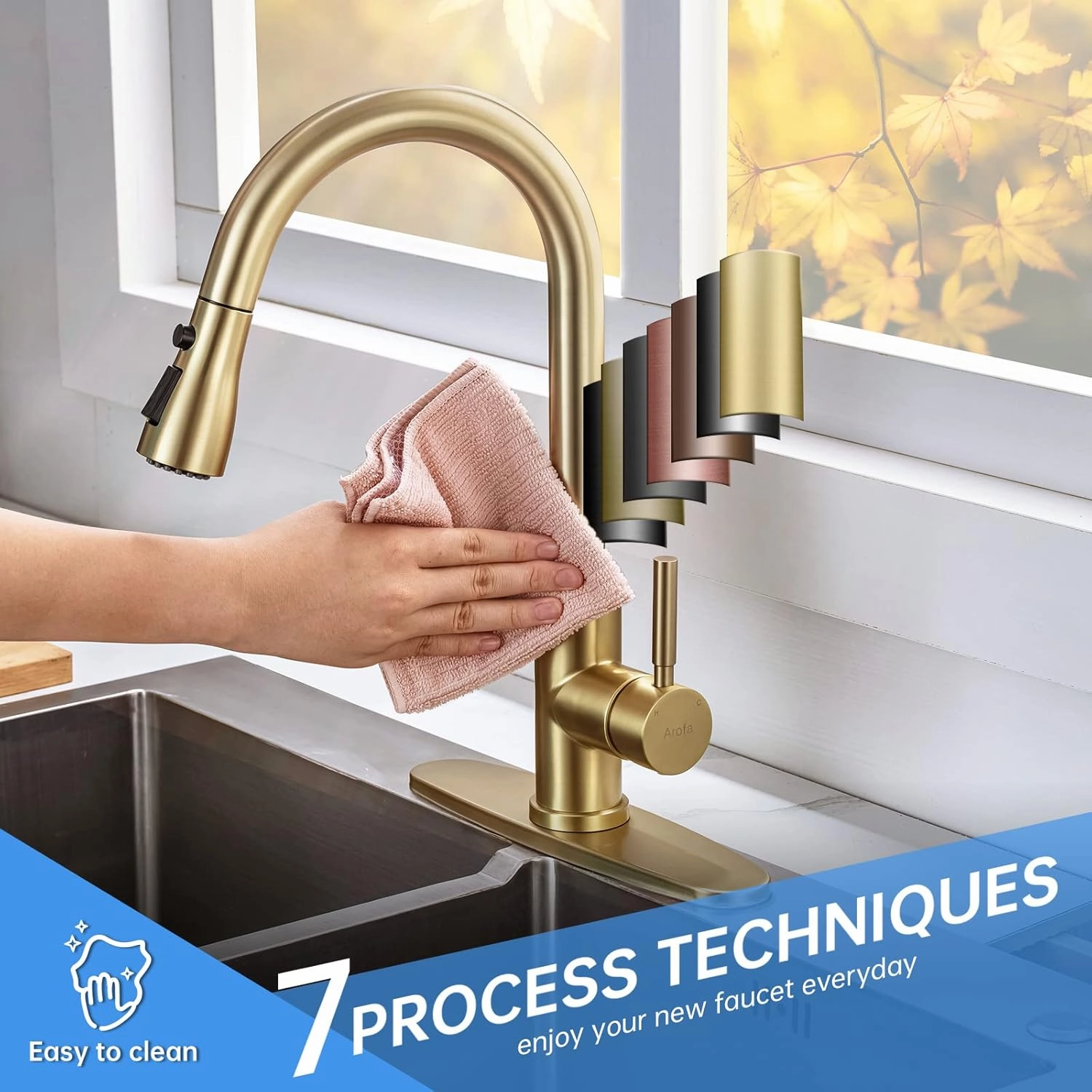 Arofa Brushed Gold Kitchen Faucet with Pull Down Sprayer, Stainless Steel Single Handle Brass Kitchen Faucet, Champagne Bronze Kitchen Sink Faucet with Deck Plate for RV Farmhouse Bar Laundry Sinks