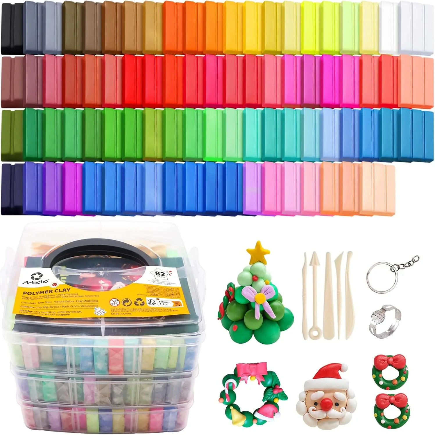 Artecho Polymer Clay, 82 Colors Modeling Clay for Kids, Christmas Earring Making Kit with Sculping Tools, Sculpey Clay Kit for Christmas Gifts