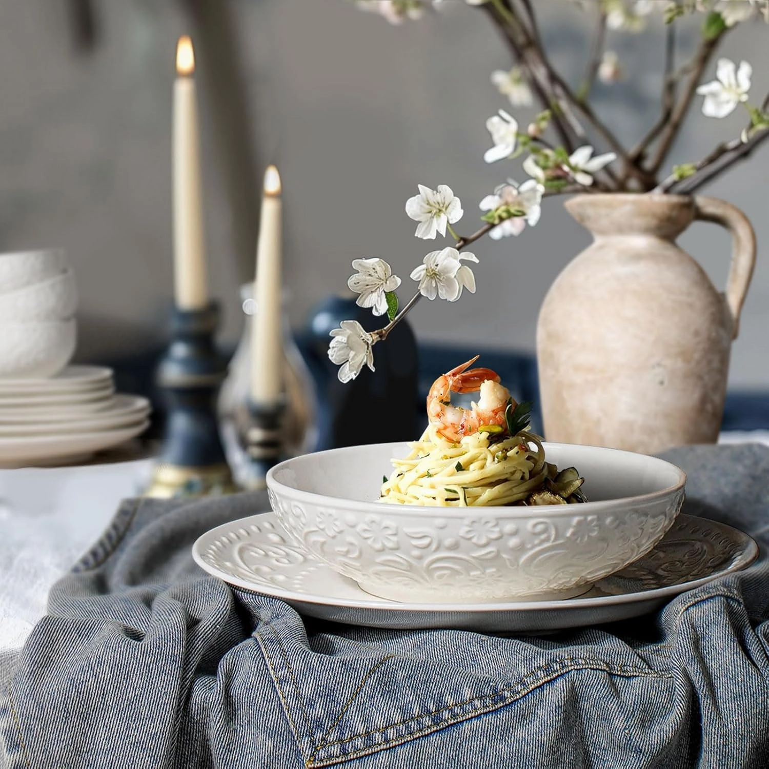 Artena Pasta Bowls 32oz, Ceramic Large Salad Bowls 8 inch, White Embossed Soup Bowl Set of 4 for Serving， Entertaining, Wide Shallow Dinner Bowls, Microwave Dishwasher Oven Safe (Flower)