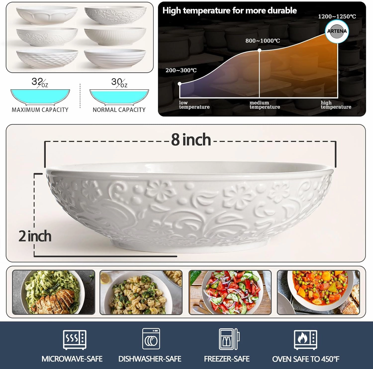 Artena Pasta Bowls 32oz, Ceramic Large Salad Bowls 8 inch, White Embossed Soup Bowl Set of 4 for Serving， Entertaining, Wide Shallow Dinner Bowls, Microwave Dishwasher Oven Safe (Flower)