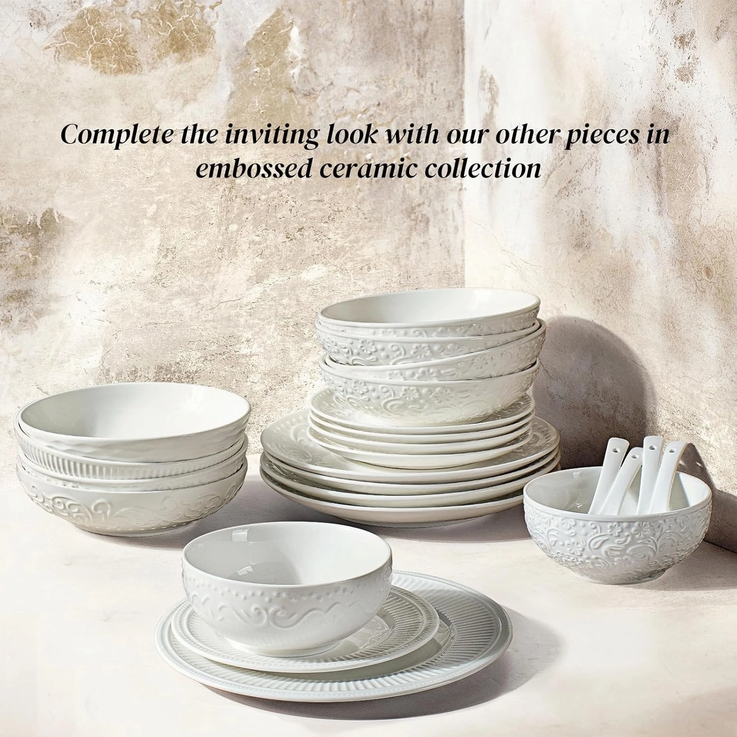Artena Pasta Bowls 32oz, Ceramic Large Salad Bowls 8 inch, White Embossed Soup Bowl Set of 4 for Serving， Entertaining, Wide Shallow Dinner Bowls, Microwave Dishwasher Oven Safe (Flower)