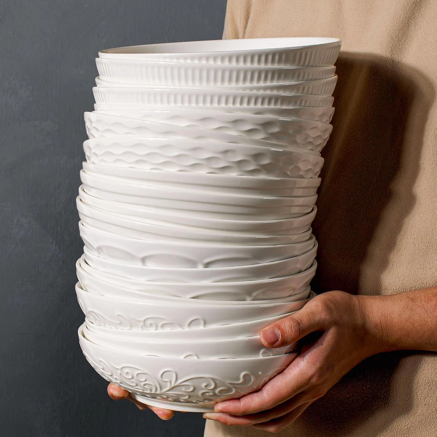 Artena Pasta Bowls 32oz, Ceramic Large Salad Bowls 8 inch, White Soup Bowl Set of 4 for Serving, Entertaining, Dinner, Wide Shallow Microwave Dishwasher Oven Safe, Embossed Crown