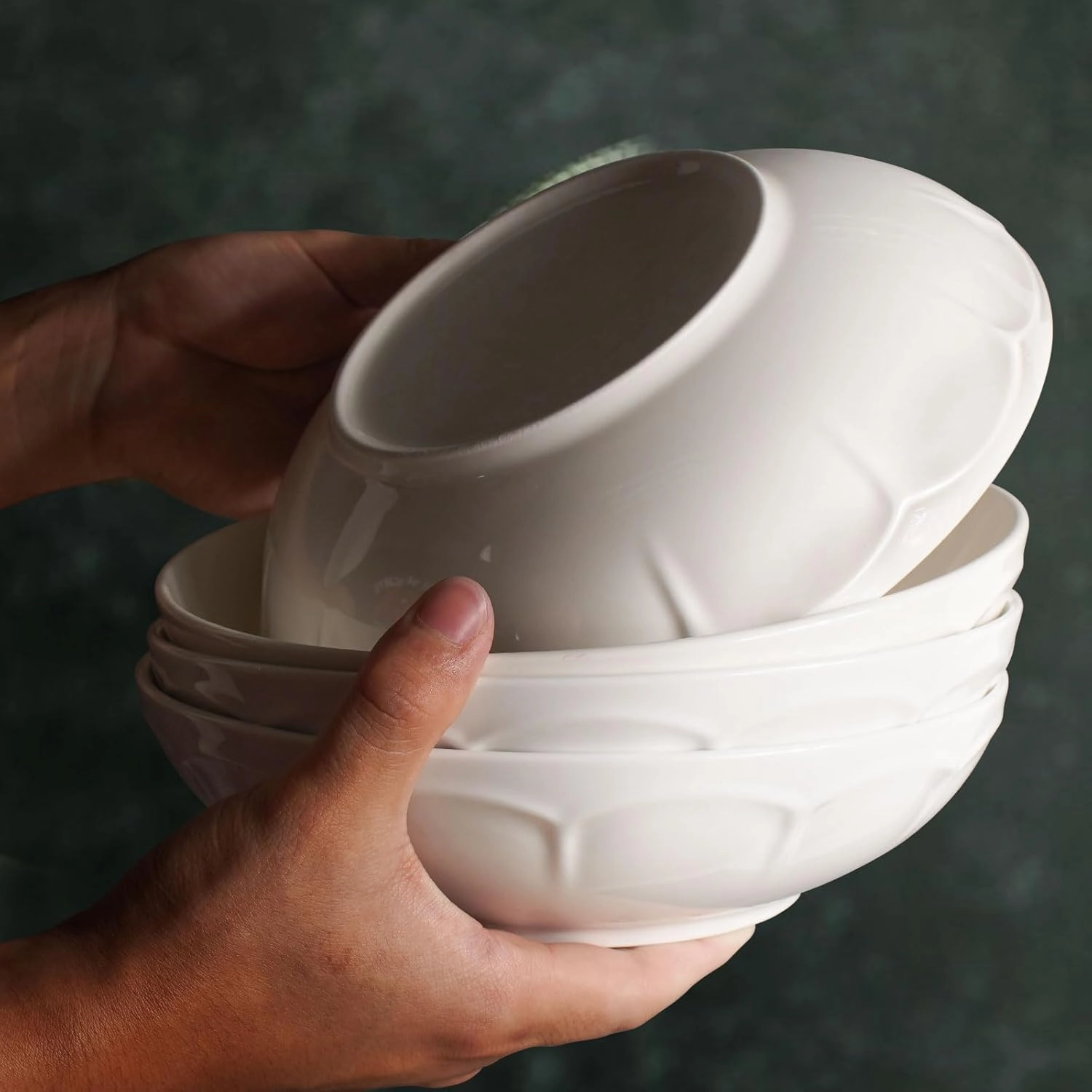Artena Pasta Bowls 32oz, Ceramic Large Salad Bowls 8 inch, White Soup Bowl Set of 4 for Serving, Entertaining, Dinner, Wide Shallow Microwave Dishwasher Oven Safe, Embossed Crown