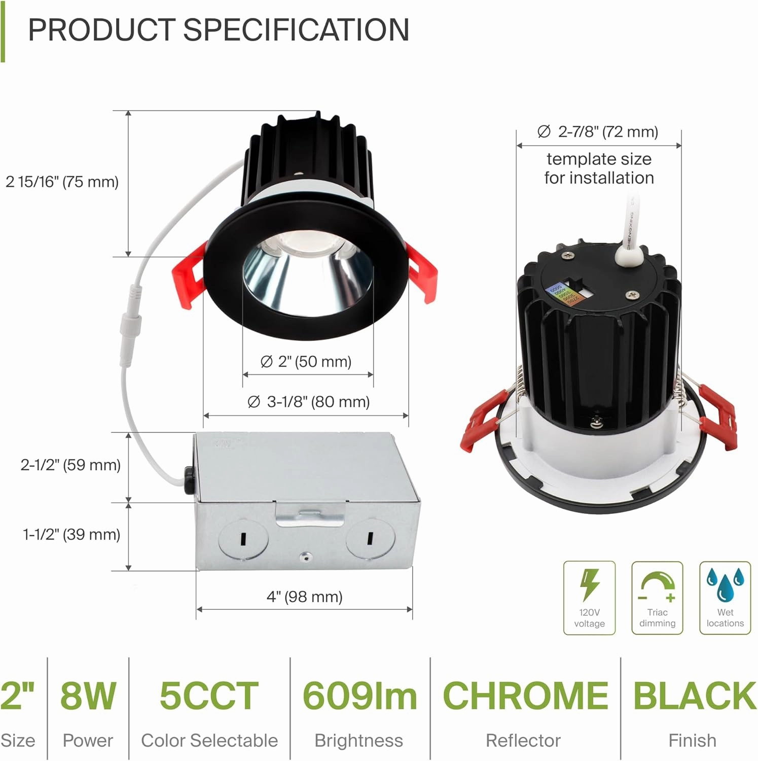 ASD 2 Inch LED Recessed Lighting with Junction Box, 8W 600 Lumens, Dimmable Anti-Glare Downlight, 2700K/3000K/3500K/4000K/5000K Selectable, CRI 90 , Round Black Trim, IC Rated, ETL, Energy Star