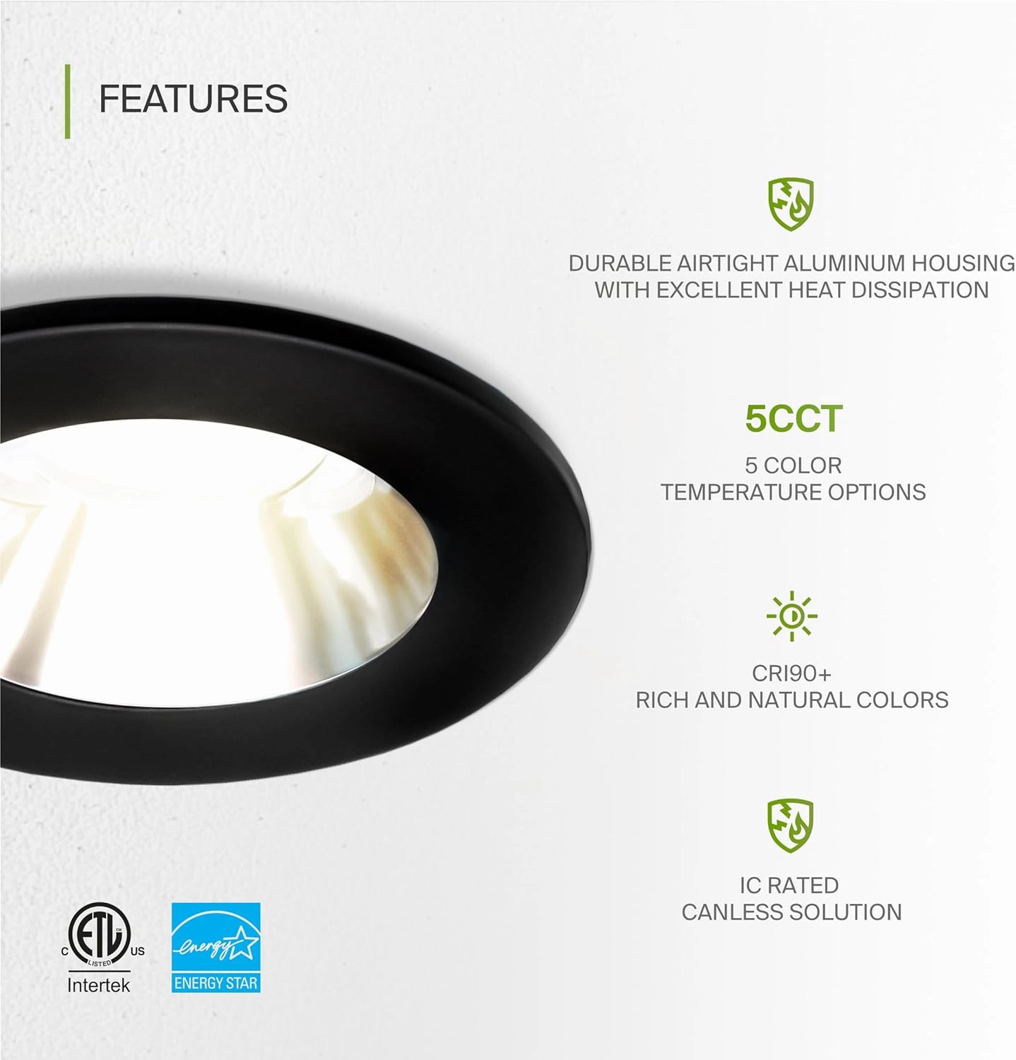 ASD 2 Inch LED Recessed Lighting with Junction Box, 8W 600 Lumens, Dimmable Anti-Glare Downlight, 2700K/3000K/3500K/4000K/5000K Selectable, CRI 90 , Round Black Trim, IC Rated, ETL, Energy Star