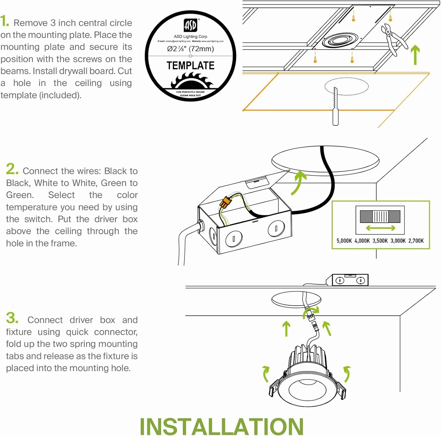 ASD 2 Inch LED Recessed Lighting with Junction Box, 8W 600 Lumens, Dimmable Anti-Glare Downlight, 2700K/3000K/3500K/4000K/5000K Selectable, CRI 90 , Round Black Trim, IC Rated, ETL, Energy Star