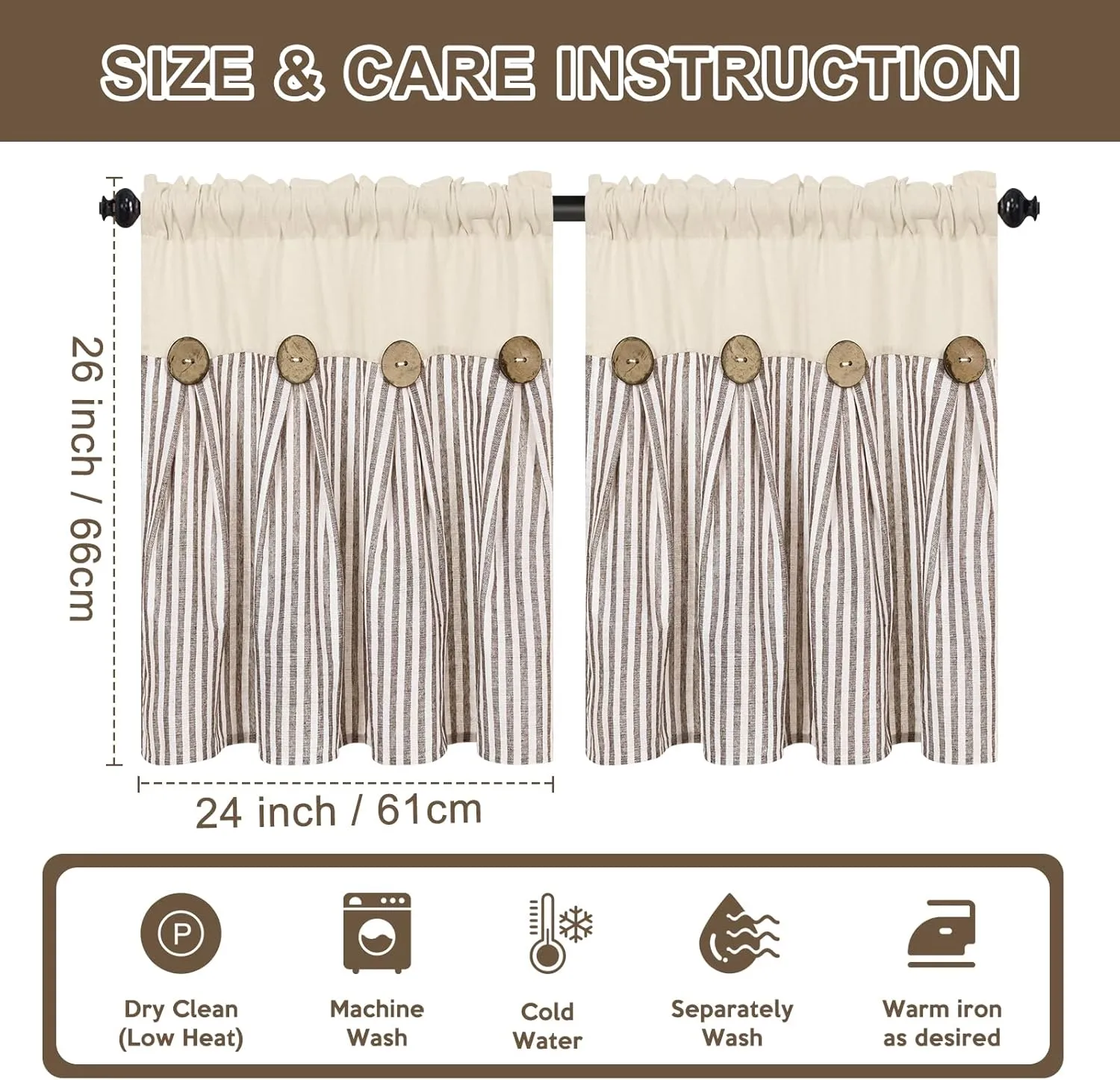 ASPMIZ Cotton Linen Kitchen Curtains 24 Inch Length Tier Curtain for Small Window Treatment, Boho Button Half Window Curtain Farmhouse, Brown Stripe Rod Pocket Short Curtains for Window Cafe Bathroom
