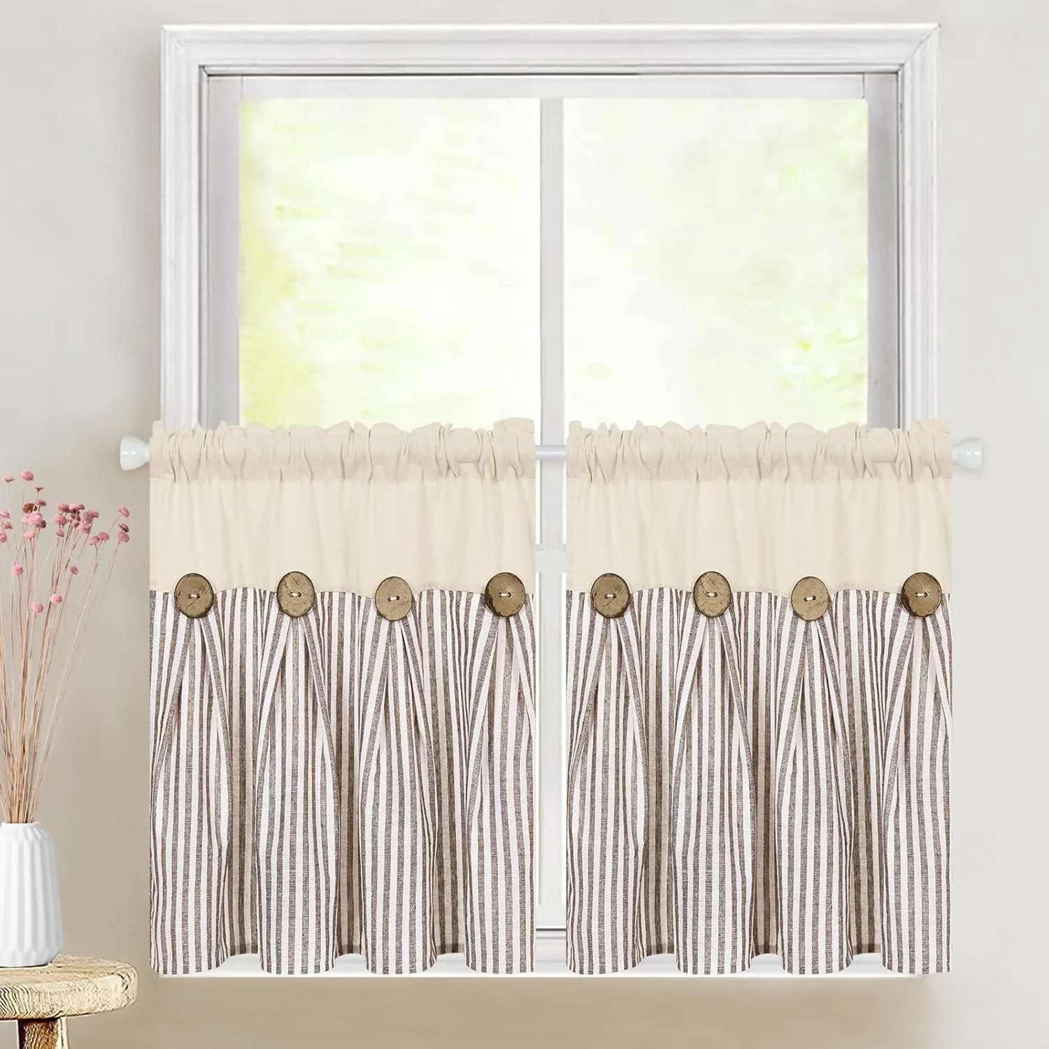 ASPMIZ Cotton Linen Kitchen Curtains 24 Inch Length Tier Curtain for Small Window Treatment, Boho Button Half Window Curtain Farmhouse, Brown Stripe Rod Pocket Short Curtains for Window Cafe Bathroom